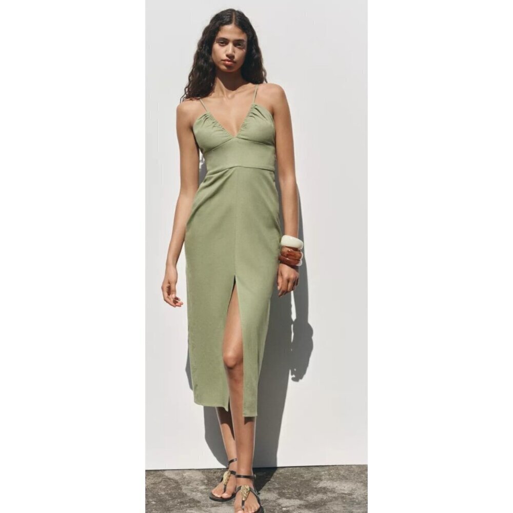ZARA Sage Green Midi Linen Blend Dress Size M Cutout Back Strappy Slip Sundress